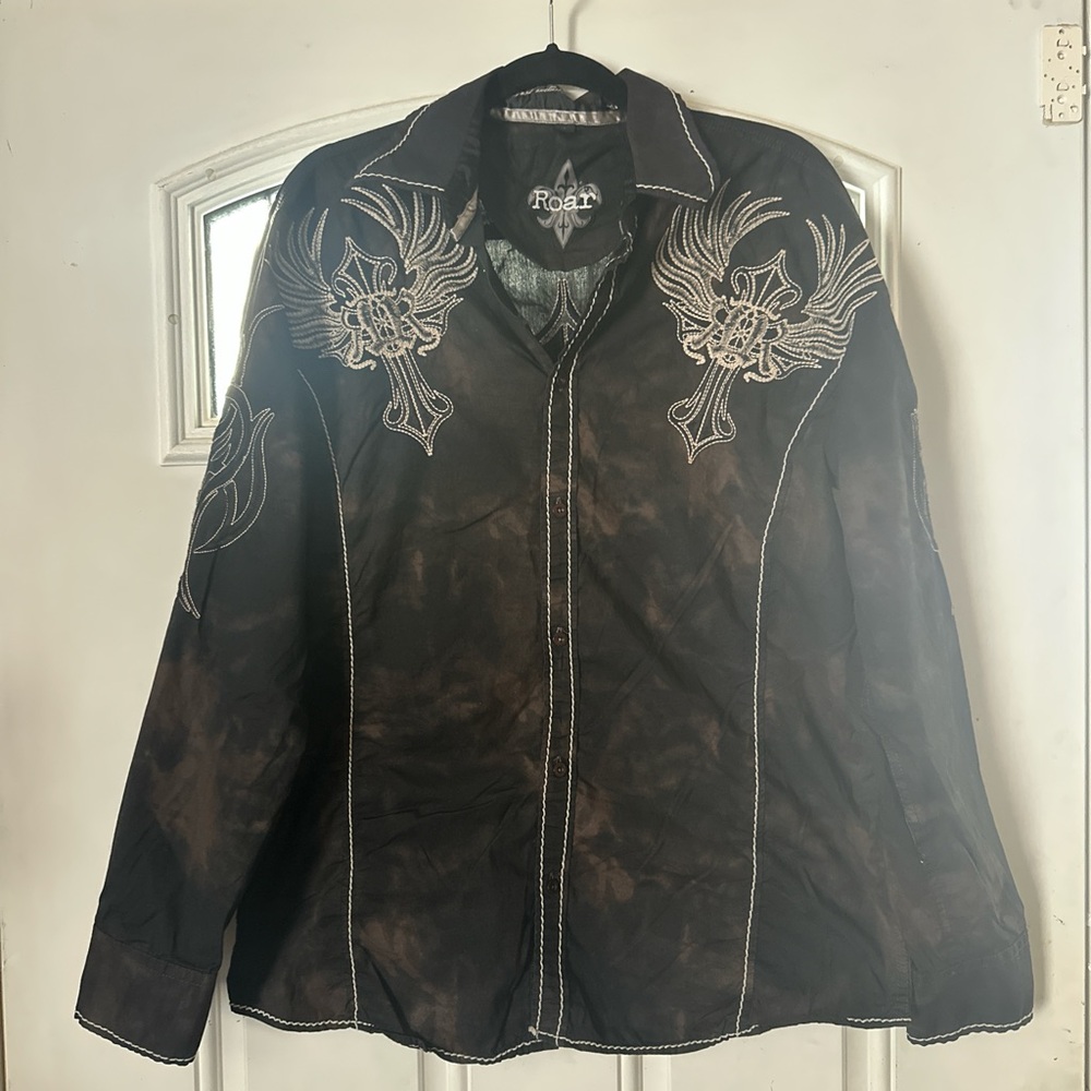 Roar Black Embroidered button up shirt